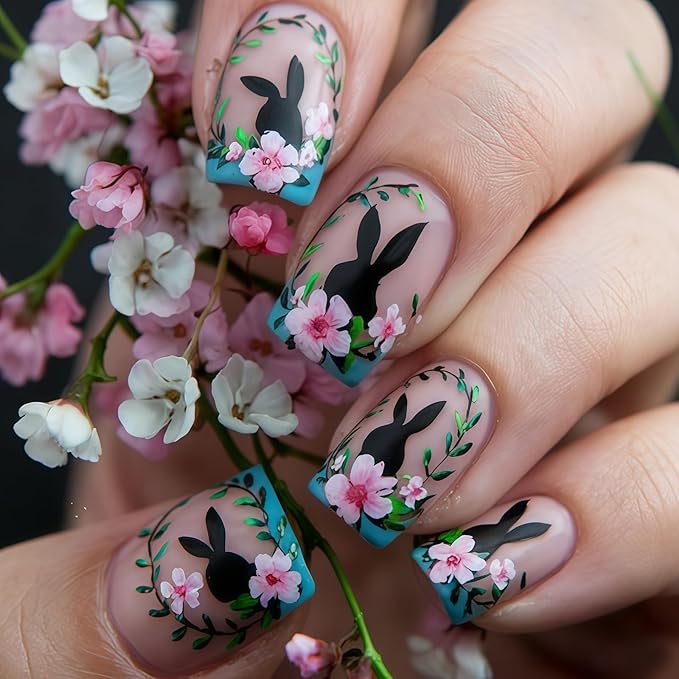 Easter Press on Nails - Short Square Fake Nails with Black Rabbit | Pink Flower Designs False Nails Press ons Reusable Full Cover Stick on Nails Easter Nails for Women Manicure 24Pcs