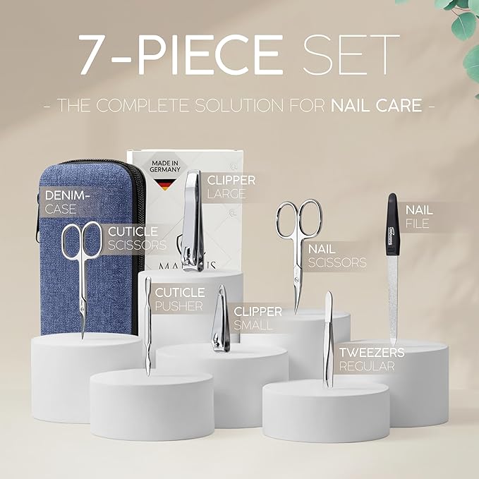 Manicure Set Solingen Made in Germany - 7 Piece Exclusive Finger & Toe Nail Clippers Kit for Women and Men in Vegan Leather Case, Color Jeans