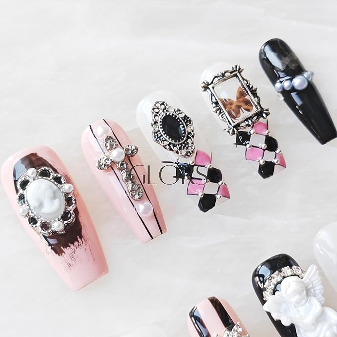 Gothic Press-on Nails, Long Coffin Shape, Pink Black White, 3D Decorative Gems and Charms, Handmade False Nail 10 Pieces (XS, LC)