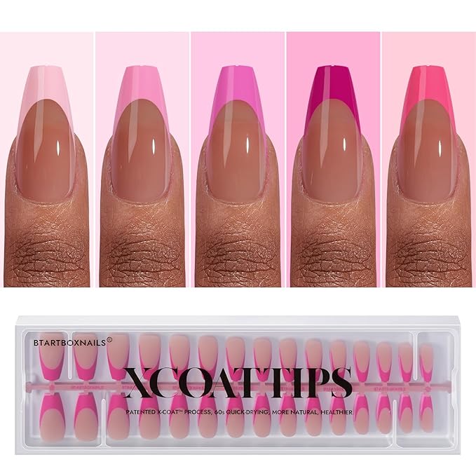 BTArtboxnails XCOATTIPS Pink French Tip Press On Nails - Coffin Press On Nails Medium, Soft Gel Nail Tips, Soak Off Brown Acrylic Fake Nail Extension in 15 Sizes