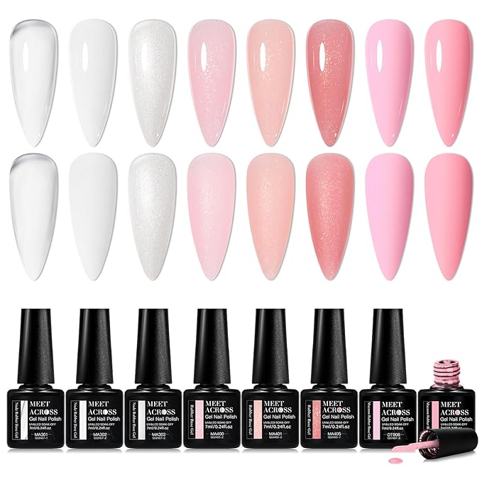 MEET ACROSS Rubber Base Gel Set 12 Pcs, 8 Colors Jelly Builder Base Nail Gel Nude Sheer White Pink Shimmer, 2-in-1 Soak Off Base Gel Nail Strengthener