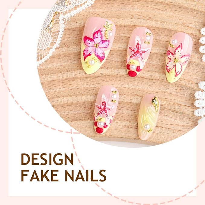 Almond Press on Nails Medium Fake Nails Yellow Artificial Nail Red Floral Designs Cute Pearl Stick on Nail for Women 24pcs