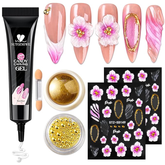 3D Gel Nail Art - 10g Sculpting Gel for Molding, Drawing, Charms & Beads Glue with Gold Chrome Nail Powder and 5D Flower Stickers for Nails Design Beginner