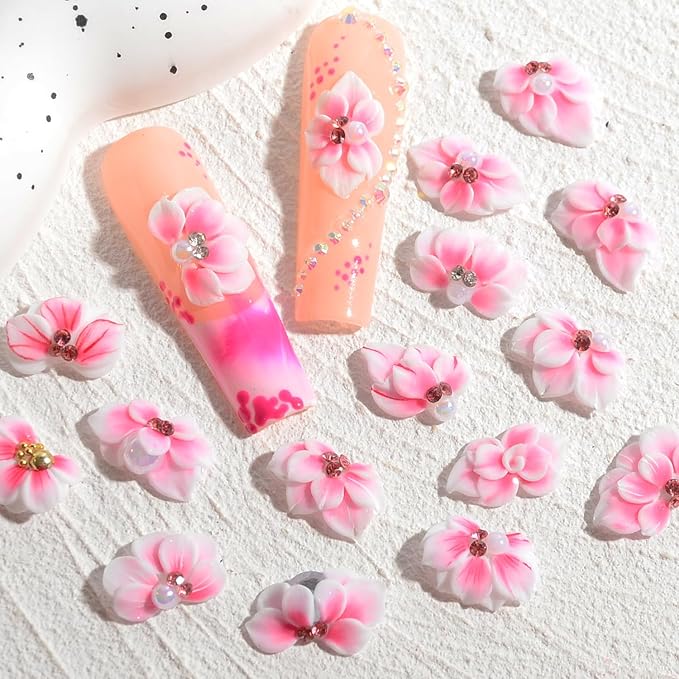 30PCS 3D Handmade Flower Nail Art Charms Advanced Handcrafted Cherry Blossom Flower Colorful Sculpted Floral Nails with Rhinestone Caviar Beads Design for Women Profession Nail Art Craft Jewelry