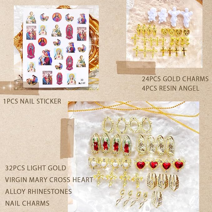 65pcs Virgin Mary Cross Gold Nail Charms 3D Heart Angel Rose Flower Alloy Rhinestones for Acrylic Nail Art Religious San Judas Nail Stickers Chains Gems Jewels Manicure Decoration Supplies DIY
