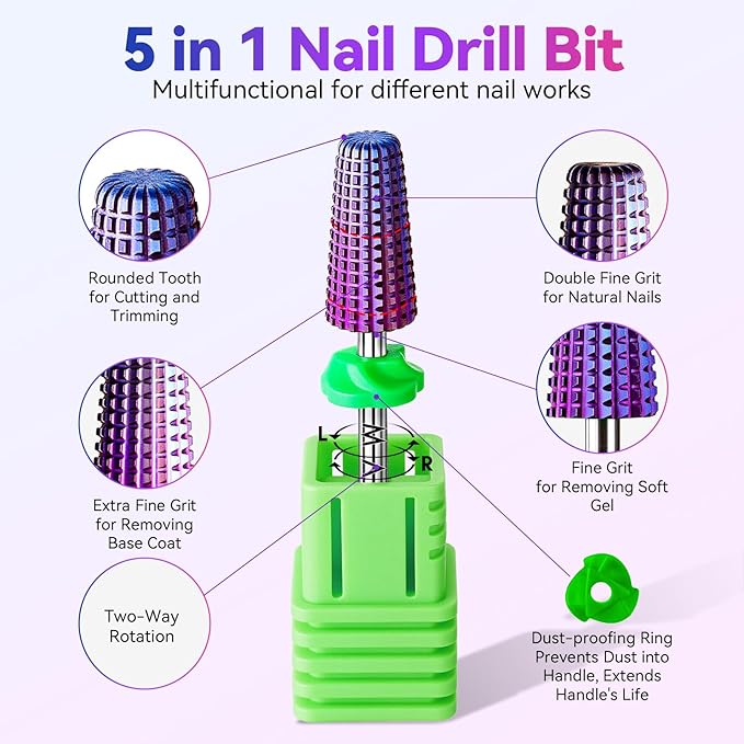 Makartt 5-in-1 Nail Drill Bits - 3/32" Shank Tungsten Carbide Tapered Bit for Fast Removal of Acrylic Nails, Hard Gel & Cuticles, Professional Nail E-File Bits for Nail Drill Machines (Fine, Purple）