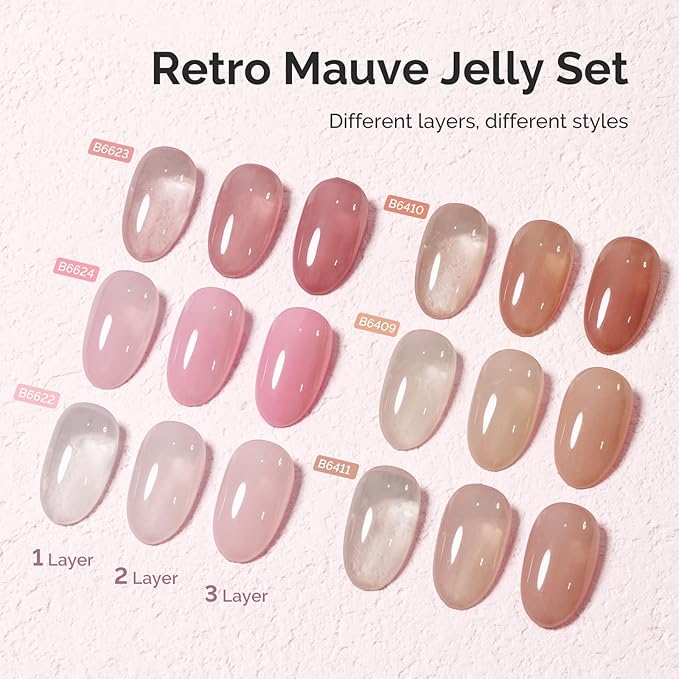 MelodySusie Jelly Gel Nail Polish Set,6 Transparent Colors,Milky or Jelly Texture,Pink and Nude Versatile Colors Soak Off UV LED Light Cure or Salon Manicure and Nail Art DIY at Home