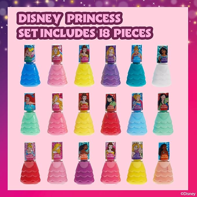 Townley Girl Disney Princess 18 Piece Water-Based Nail Polish Set, Quick Dry and Peels-Off, Nail Paint Set for Girls Ages 3