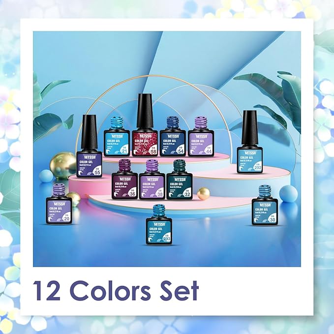 MTSSII Gel Nail Polish Set, 12PCS Violet Blue Gel Nail Polish Kit, Soak Off UV/LED Nail Polish Nail Art Design Salon Home Gifts for Women