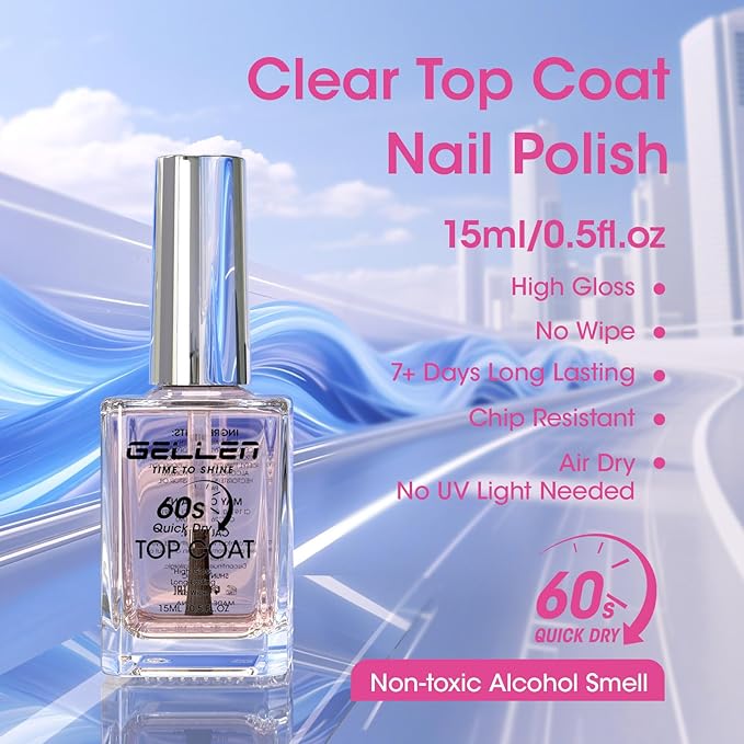 GELLEN Clear Nail Polish Top Coat Quick Dry in 60 Seconds, High Gloss Shine Top Coat Fast Air Drying Regular Nail Polish, Hema Free, Non-toxic, No Chip, Long Lasting, No Pink