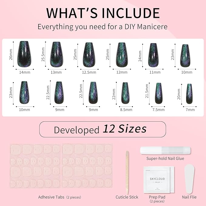 Cat Eyes Press On Nails,12 Sizes - 24 Pcs Soft Gel Dark Green Medium Coffin Fake Nails Kit with Nail Glue, Natural Reusable Stick On False Nails for Women and Girls (Skycloud Dark Green Nails) SK0821