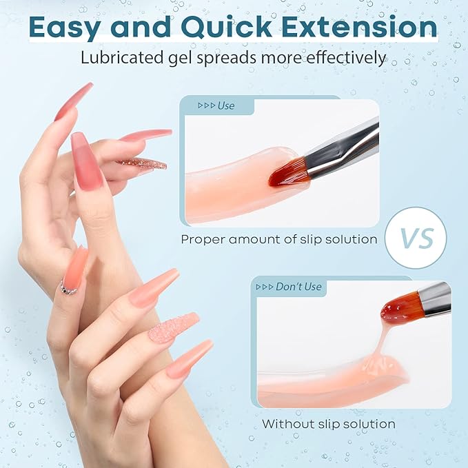 Modelones Poly Extension Gel Kit Slip Solution for Nails Forms with Dual-Ended Nail Brush Anti-Stick Liquid Brushes Cleaning Easy Spread for Beginner