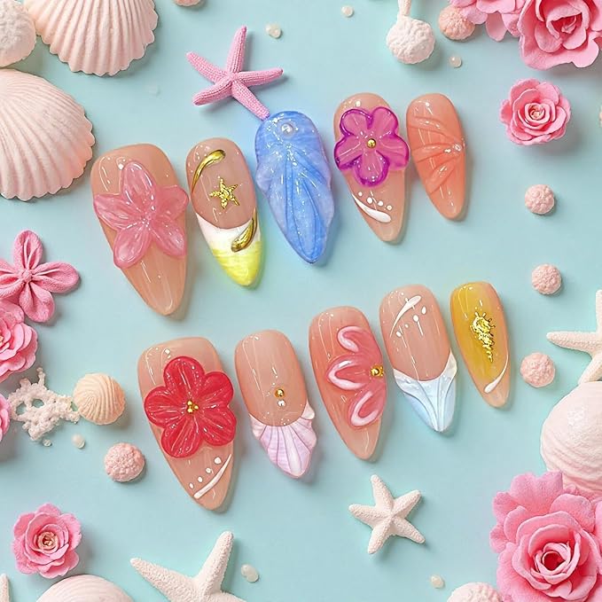 Handmade Press on Nails 3D Floral Carved Medium Almond Fake Nails French Tips, Multi-Layer Gel Acrylic Nails for Women Nail Art (Sheer Floral Glow,S)