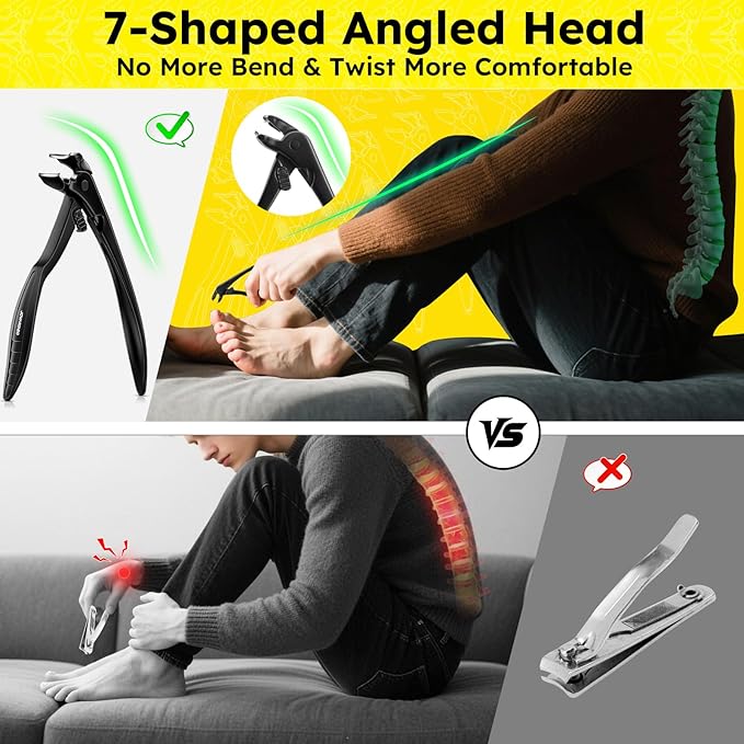Toenail Clippers for Seniors, Angled Head Large Toe Nail Clippers for Thick Toenails, Wide Jaw Clippers, Heavy Duty Ergonomic Anti-Splash Cutter, Upgraded Long Handled Toenail Clippers