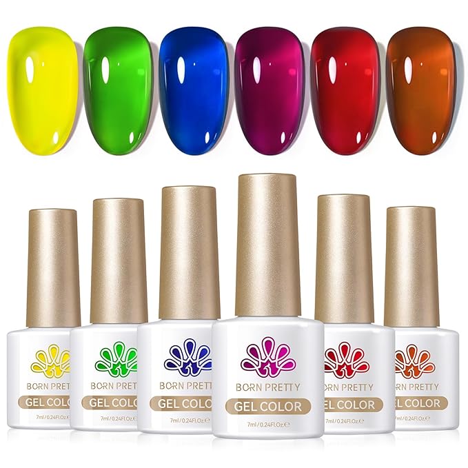 Born Pretty Jelly Gel Nail Polish Spring Summer Neon Gel Polish,Brown Blood Wine Red Blue Purple Green Translucent Effect,Soak Off U v LED Light Cure Nail Art Kit for Salon Manicure and DIY at Home
