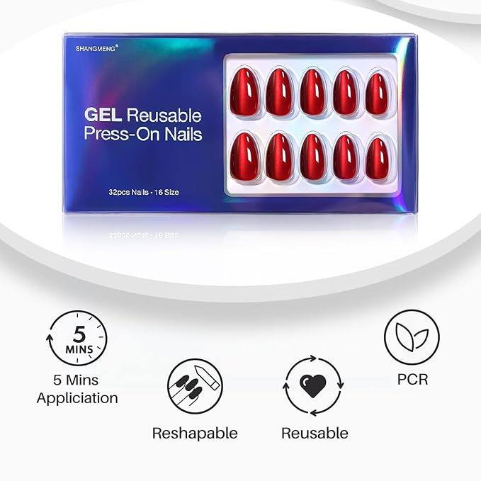 Dark Red Cat Eye Press on Nails Almond - SHANGMENG Soft Gel Valentines Short Press on Nails for Women Gift, Glossy Glue on Nails in 16 Sizes - 32 Reusable Fake Nails Kit with Glue, Wine