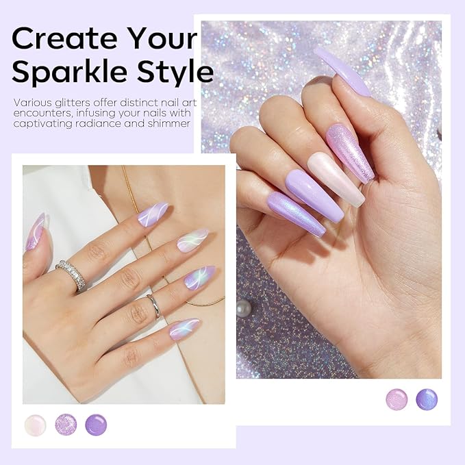 Modelones Purple Glitter Gel Nail Polish Set, 6 Colors Shimmer Violet Mermaid Gel Nail Cat Eye Sparkle Soak Off Led Nail Polish for Women Girl DIY Nail Art Gift