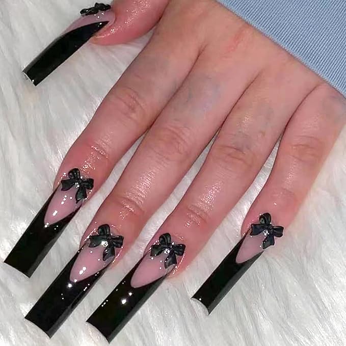 MISUD Press on Nails - Extra Long Square Fake Nails with Black French Tip, Acrylic Bow Design 24 pcs