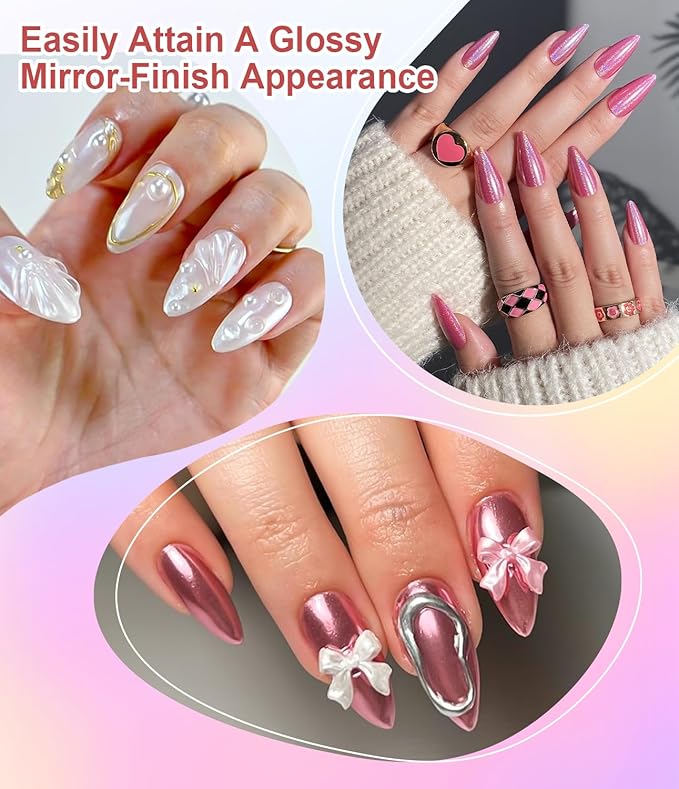3D Nail Gel and Chrome Nail Powder Kit BISHENGYF: 15g No Wipe 3D Sculpting Gel Aurora Rose Pink White Pearl Gold Chrome Nail Powder with Clear 3D Carving Nail Molding Glue Set for Nail Art Decoration