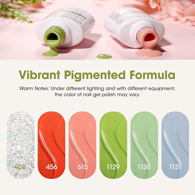 GELLEN Green Green Gel Nail Polish Set, 6 Color Spring Gels, Vivid Grass Pink Baby Blue Glitter Gel Polish Kit, Soak Off UV Gel Nail Polish, Nail Art DIY Manicure