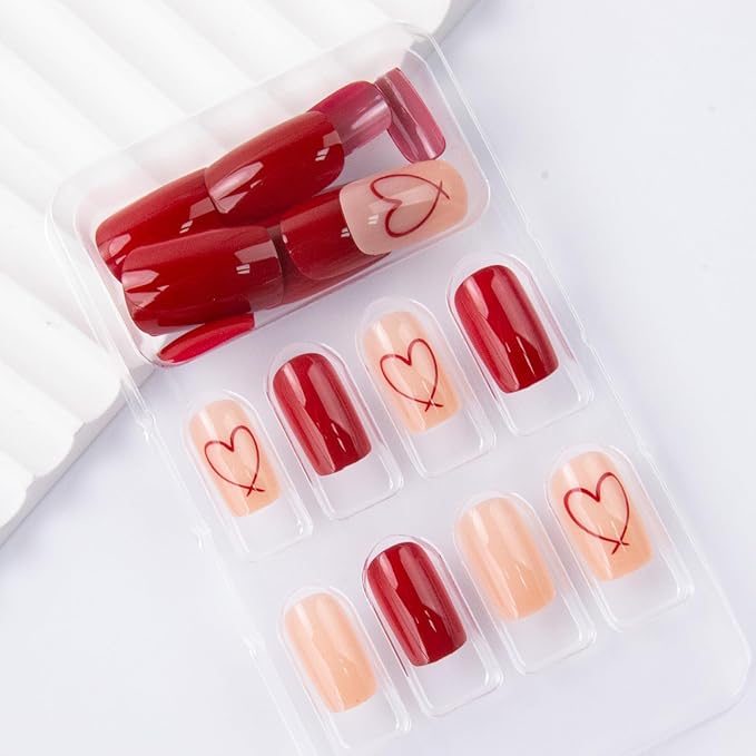 Red Press on Nails Medium Square Fake Nails Wine Red Heart False Nails Glossy Solid Color Glue on Nail Valentine's Day Acrylic Nails for Women Manicure 24Pcs