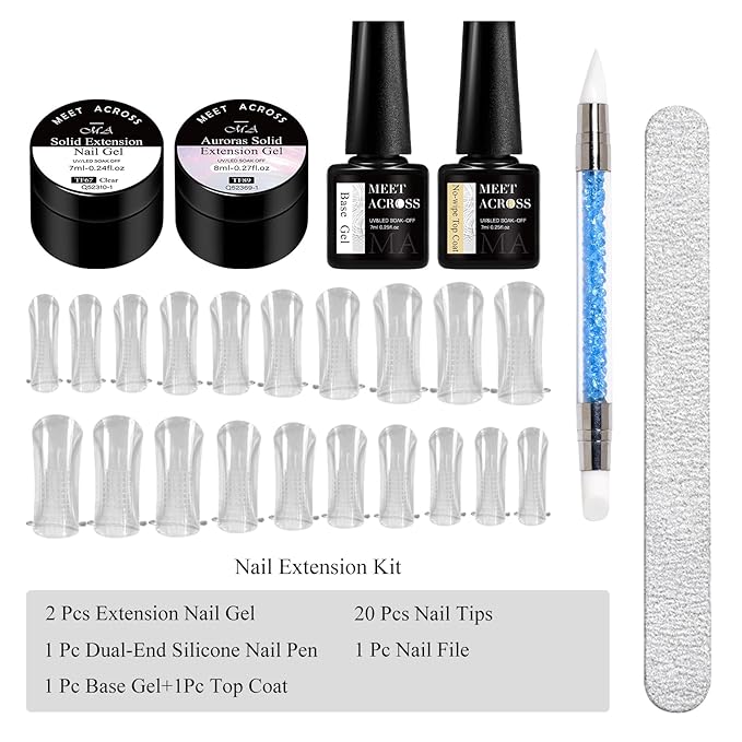 MEET ACROSS All-in-One Extension Mini Kit 2×7ml Non-Sticky Builder Gel Starter Kit WIth Base & Top Coat/Dual-Silicone Pen/Pro File/20-Pc Reusable Dual Forms Salon-Grade Extensions (Clear+Ultra Pink)