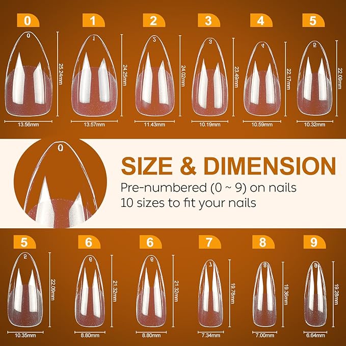 Nicedeco Almond Fake Nail Tips, 504Pcs Medium Soft Gel Nail Tips Almond Shape Pre Etched Half Matte Full Cover Clear Acrylic Gel Kit False Press on - 013