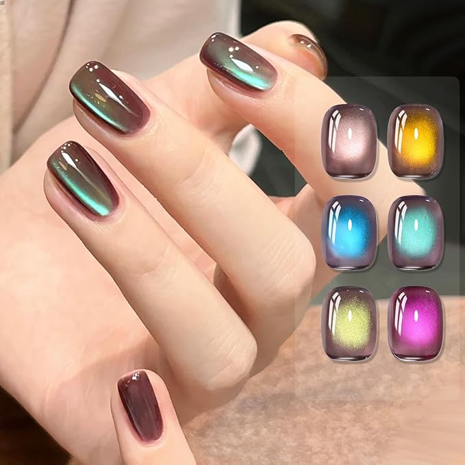 Born Pretty Cat Magnetic Eye Gel Nail Polish Set,6 Colors Glitter Green Blue Brown Gel Polish Cat Holographic Magnetic Nail Polish Nails Art Manicure Salon DIY at Home 7ML