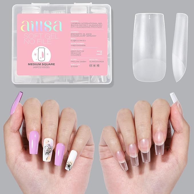 AILLSA Medium Square Nail Tips - Upgraded Matte Gel Full Cover Nails Tips No Filed, 240Pcs Pre-shaped Gelly Tips Acrylic Clear Fake Press On Soft Nail Tip for Soak Off Nail Extension 10 Sizes