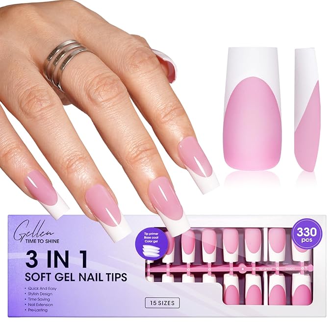 Gellen Square French Tip Press on Nails - 3 in 1 Soft Gel Nail Tips, 330 pcs 15 Sizes Pink Long Square French Nails Press on Long-lasting, No Need to File Press on Nails