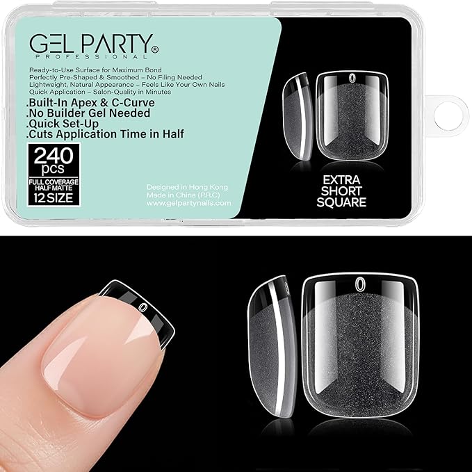 GELPARTY Soft Gel Nail Tips Extra Short Square (XS) - 240Pcs Pre-Buffed Matte Full Cover Tips - Active Length, No Filing Needed, Soak Off Gel Extension System - Clear False Nails (12 Sizes)