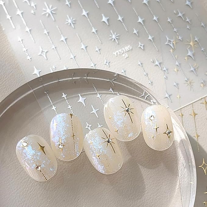 3 Sheets Star Nail Art Stickers 3D Self Adhesive White Silver Gold Nail Stickers Star Nail Decals with Design Glitter Nails Supplies for Women Girls DIY Manicure