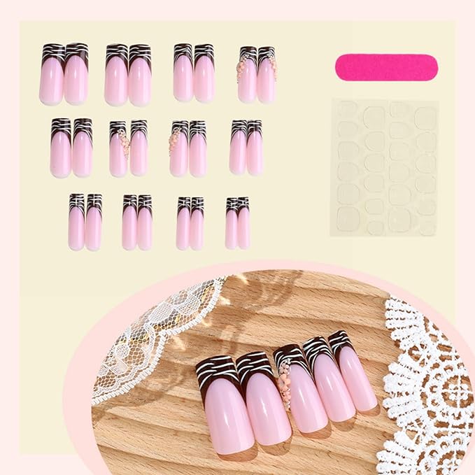 Long Press on Nails Square Fake Nails Brown Artificial Nail Floral and Leopard Designs French Stick on Nail for Women 24pcs