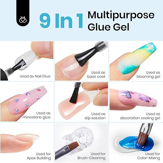 Beetles 9 in 1 Gel Nail Glue, 2pcs 10ml UV Nail Glue for Clear Nail Tips Acrylic Nails, Super Strong for False Nails, Base Coat, Rhinestones, Blooming Gel, Long Lasting 28+ Days, U V Light Required