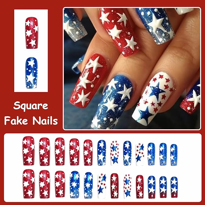 MISUD Press on Nails - Long Square Fake Nails with Red Blue Star, Acrylic 4th of July Design 24 pcs
