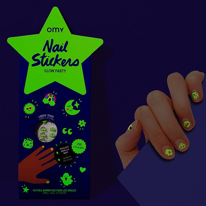 Omy Glow in The Dark Nail Stickers for Kids - 200 Stickers, Waterproof, Durable, Fun, Creative Designs | Strong Enough to Last Through Hand Washing - Easy to Apply, Safe, Non-Toxic | Age 3 and Up