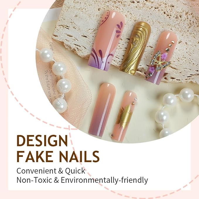 Long Square Press on Nails Fake Nails Artificial Nail Stick on Nail for Women Purple to Nude Ombre with 3D Gold Butterfly, Sun Charm, Sparkling Rhinestones