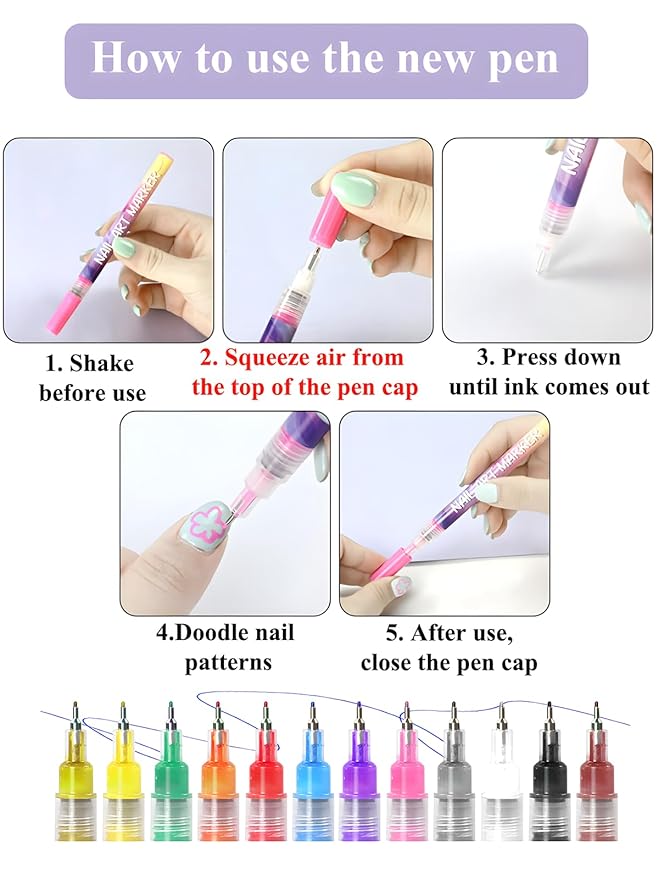 Fine Tips 3D Nail Art Pens, 12 Colors 0.5 MM Nail Marker Pens Nail Point Graffiti Dotting Drawing Painting Liner Pen for Home Salon Quickly Dry Nail Art Valentine Gift