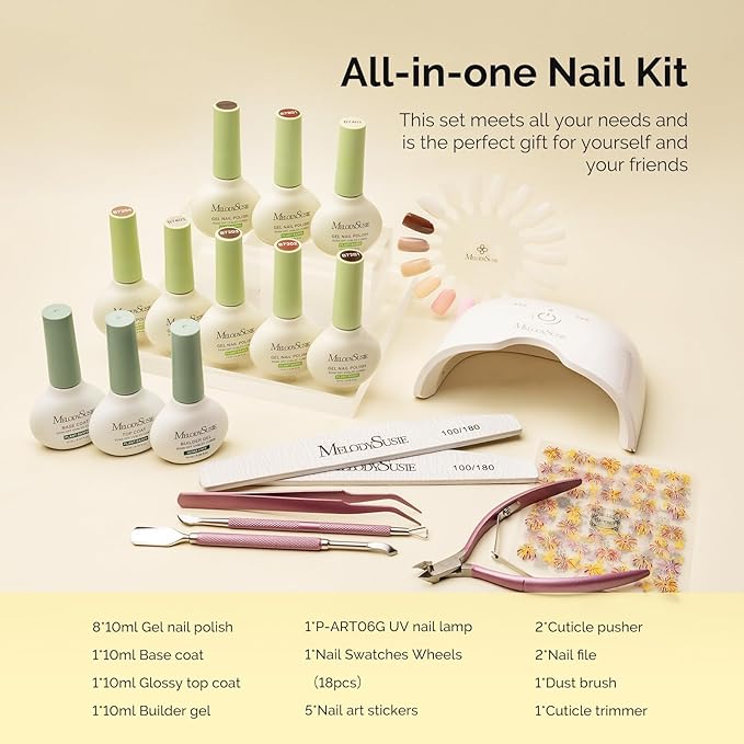 MelodySusie Gel Nail Kit with P-ART06G Cordless UV Lamp Rechargeable LED UV Light with Smart Sensor Classic Popular Colors Plant Based Nails Polish with Top Base Coat Builder Gel Beginner Nail Kit