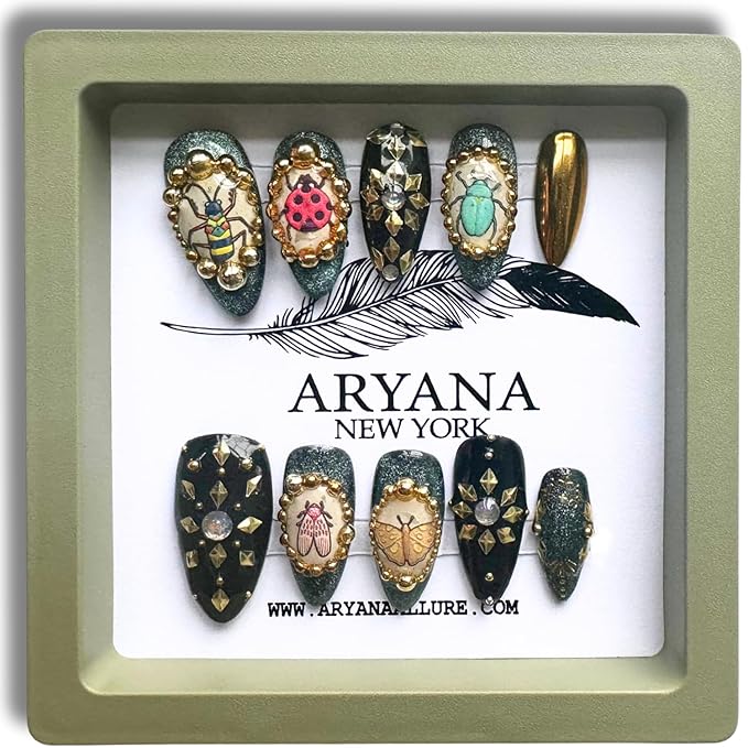 ARYANA NEW YORK Handmade Press-On Nails – Medium Almond, 3D Crystal Luxury Design, False Tips for Women – Love Bugs Collection (Medium)