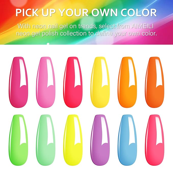 AIMEILI Hema Free Gel Nail Polish Set, Cruelty Free, Vegan, Neon Collection 12 Colors Hot Pink Blue Yellow Green Bright Spring Summer Gel Gift Kit Set 25