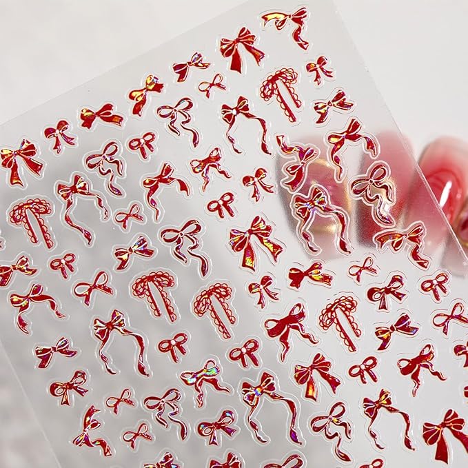 1Sheets Aurora Bow Nail Stickers 5D Embossed Valentines Nail Art Stickers Self Adhesive Cute Nail Decals Red Ribbon Bow Nail Supplies Wedding Sticker Decorations for Women DIY Valentines Manicure