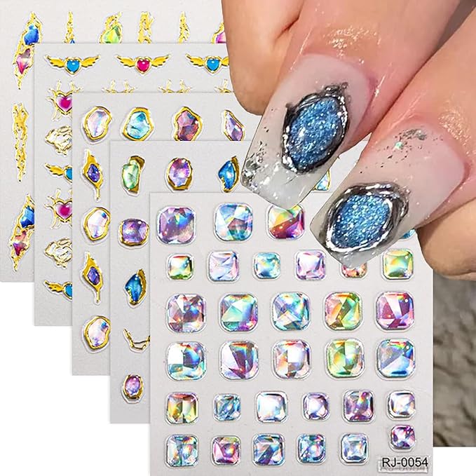 5D Gem Nail Art Sticker Decals Self Adhesive Crystal Rhinestone Embossed Nail Stickers Gem Design 5 Sheet