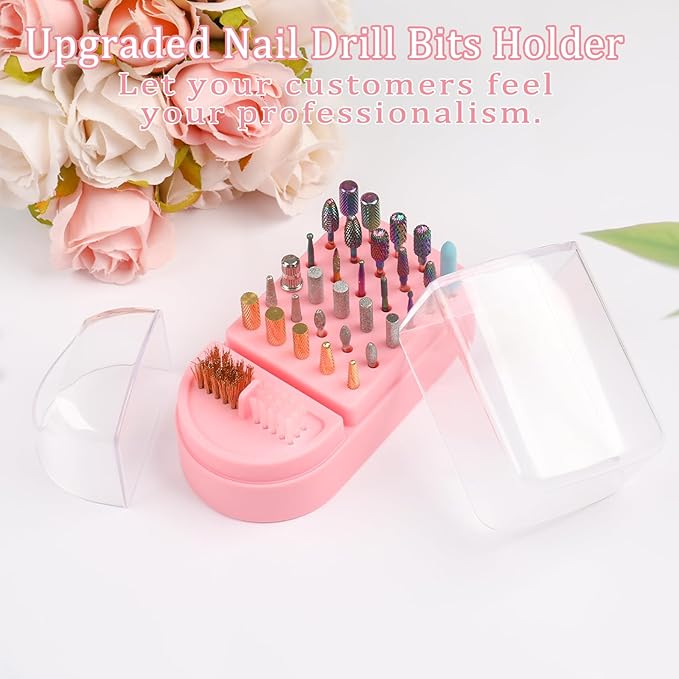 Nail Drill Bits Holder 2 in 1 Nail Drill Bits Cleaning Brush Case, 30 Holes Dustproof Acrylic Nail Drill Holder Storage Box, Nail Drill Bit Holder Stand Displayer Organizer for Home Salon Use (Pink)