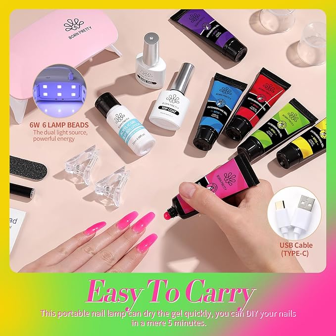 BORN PRETTY Neon Extension Nail Gel Kit-6 Colors Gel Kit Neon Pink Blue All-In-1 with Nail Lamp Base Top Coat Set Nail Forms French Manicure Set