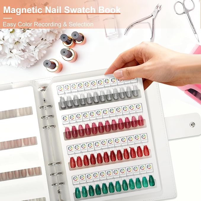 96 Magnetic Nail Swatch Book,Leather Nail Color Display Book with 96 Magnetic Tips & Number Labels,Professional Nail Salon Color Display Book for Easy Preview & Storage ( 2 Page )
