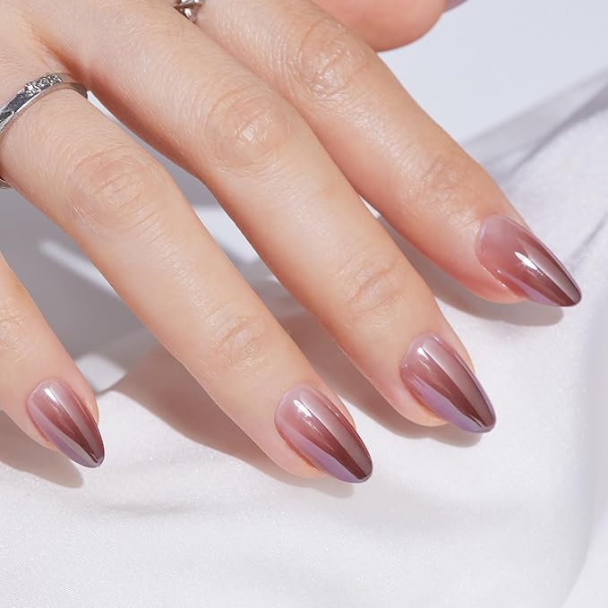 Findigit Ombre Press On Nails Almond Short - Glaze Soft Gel Press on Nails Almond, Glue on Nails with Nail Glue, Reusable Stick on Nails in 16 Sizes,32 Fake Nails Kit,Coffe Ombre
