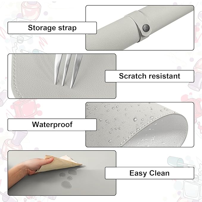 Diesisa Nail Art Table Mat,Foldable Nail Arm Rest Pad for Nails,Soft Microfiber PU Leather Nail Mat for Table,Waterproof Manicure Pad,Nail Table Pad for Nail Technician Salon Home-Grey