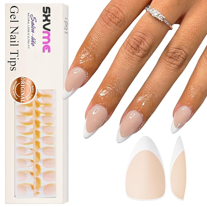 Gel French Tip Nails Short Almond Press on Nails White 300Pcs Pre-applied Tip Primer Natural Nude Fake Nails Extensions Kit for Women Girls DIY