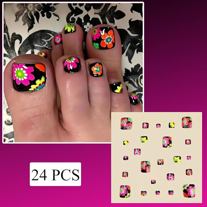 Colorful Flower Press on Toe Nails Short Square Fake Toenails Summer Daisy Floral Glossy Acrylic Artificial Full Cover Black False Stick on Toenails for Women Toenails Decoration 24Pcs